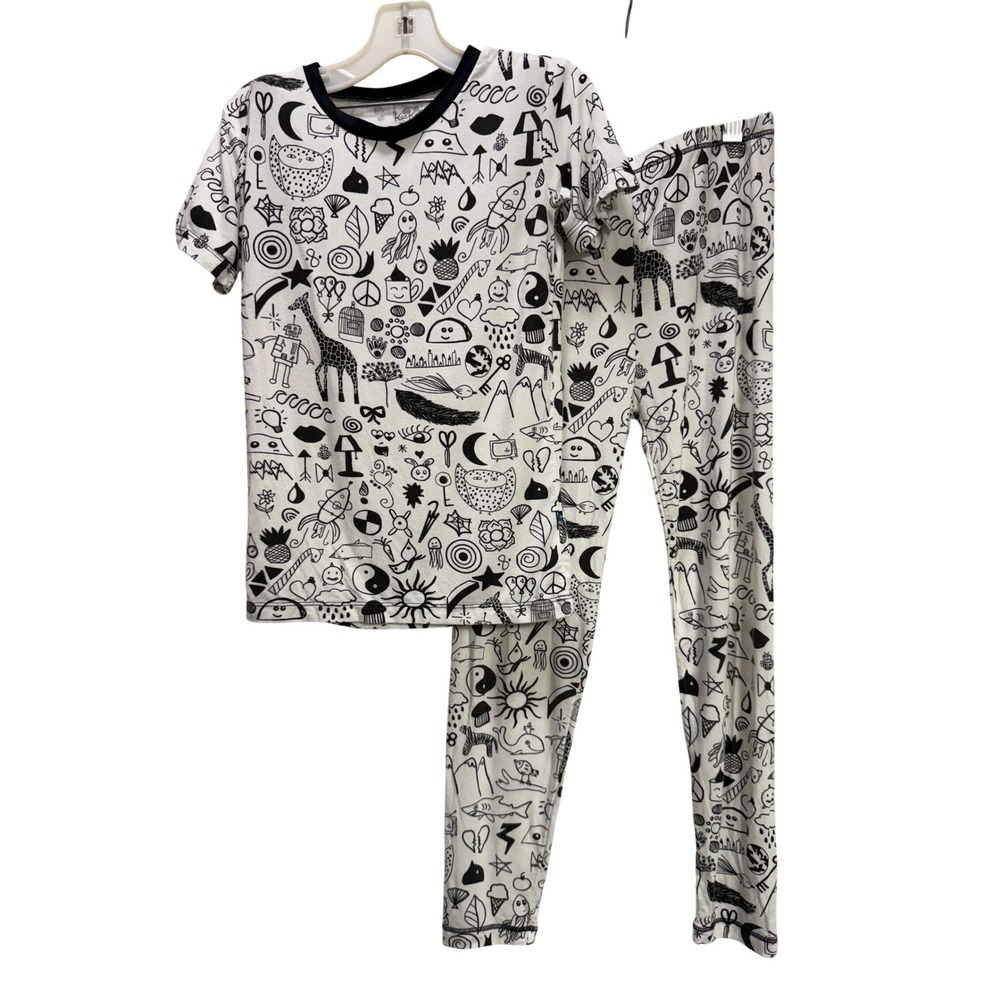 KicKee Kids Pajama Set Kids 8 White EUC Doodle Print Bamboo Snug Fit‎ unisex PJs